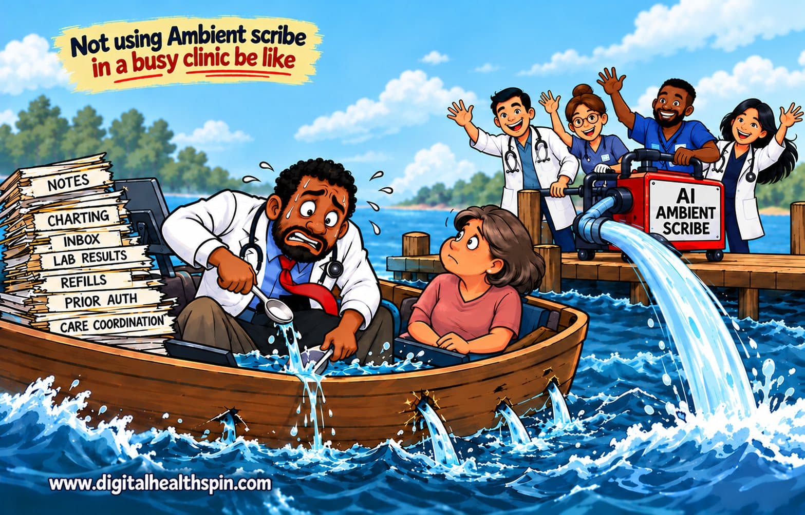 Cartoon: a clinician bails out a sinking boat of notes, charting and inbox work with a spoon while colleagues on the dock use an AI ambient scribe pump