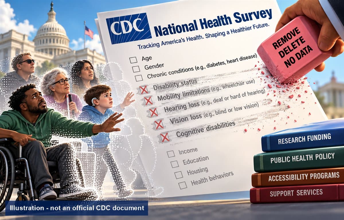 Illustration: a hand erasing disability questions from a national health survey form
