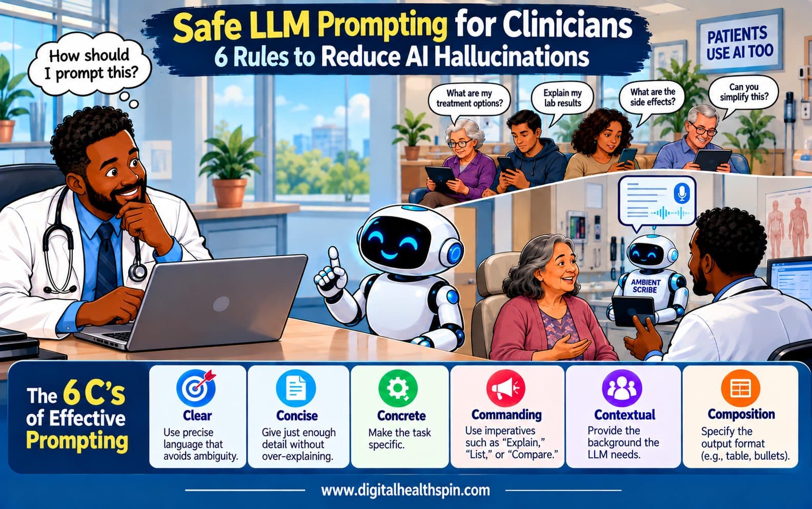 Illustration: a clinician wonders how to prompt an AI assistant while patients in the waiting room ask chatbots health questions and an ambient scribe listens in the exam room, above a strip summarizing the 6 C's of effective prompting